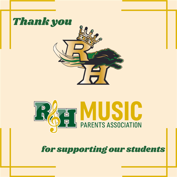 A thank you message with the sports boosters and music boosters logos